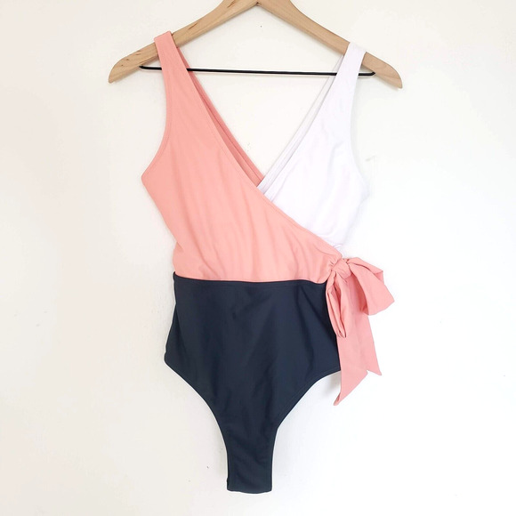 NEW!! CUPSHE SIZE S Pink Navy Blue Color Block Wrap Tie One Piece Swimsuit - Picture 10 of 10